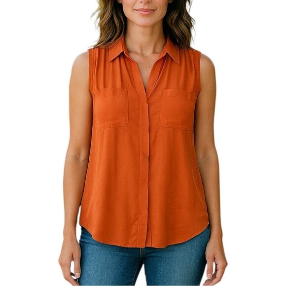 VINCE Orange Sleeveless Silk Button Down Collared Blouse Size M - Picture 1 of 5